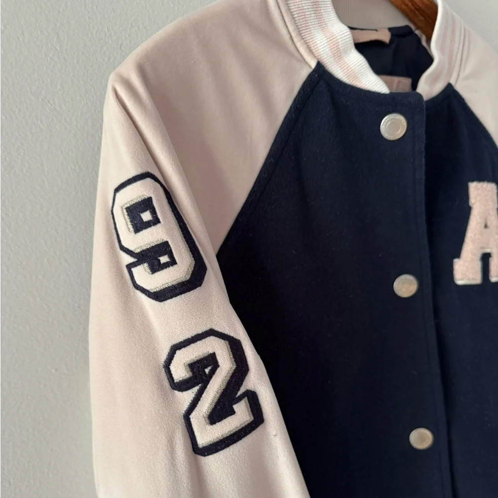 Abercrombie Kids Snap Front‎ Letterman Varsity Jacket Navy Blue Pink sz 11/12